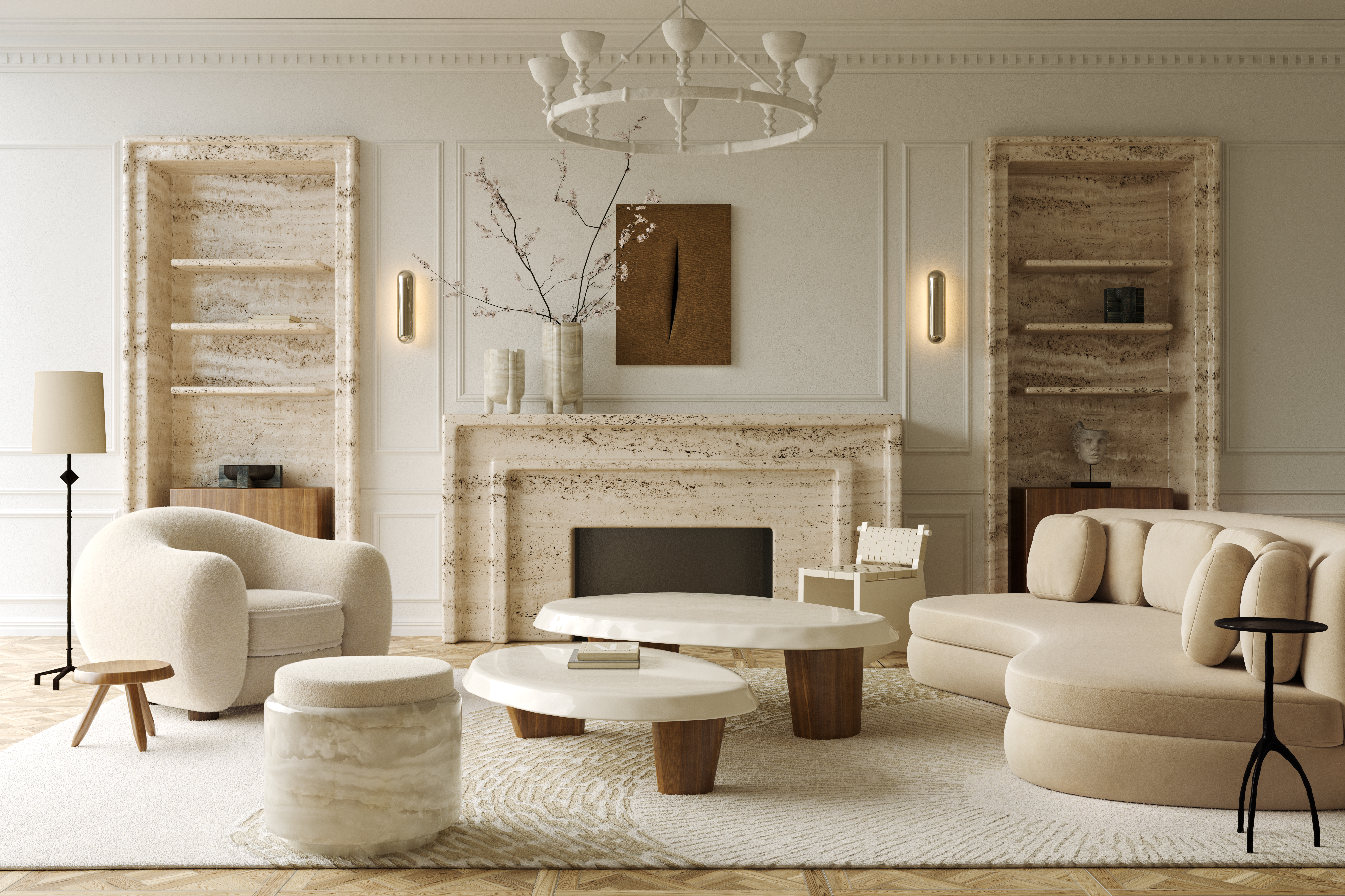 Monaco living room with Roman travertine — interior design by Matteo D'Amore Studio